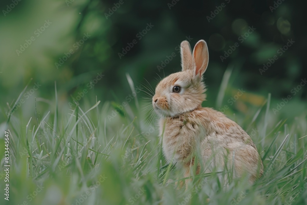 Fototapeta premium A small rabbit is sitting in the green grass, possibly taking a break or enjoying the surroundings