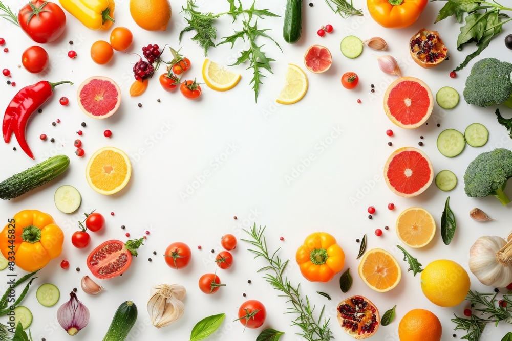 fresh fruits and vegetables on a white background, food background, copy space, place for text fresh fruits and vegetables on a white background, food background, copy space, place for text