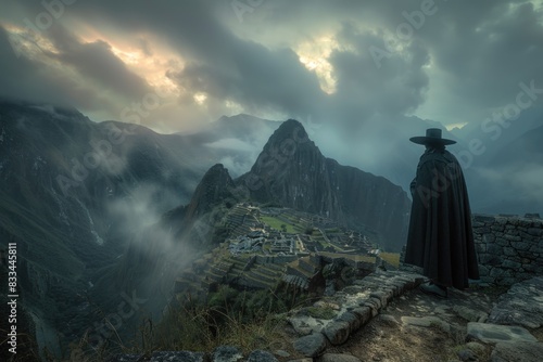 A solitary figure stands atop a mountain peak, dressed in a black cloak and hat photo