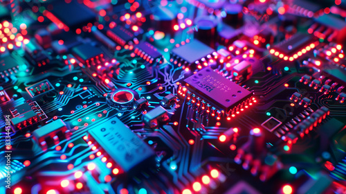 A modern circuit board featuring advanced processors and multicolored LEDs.