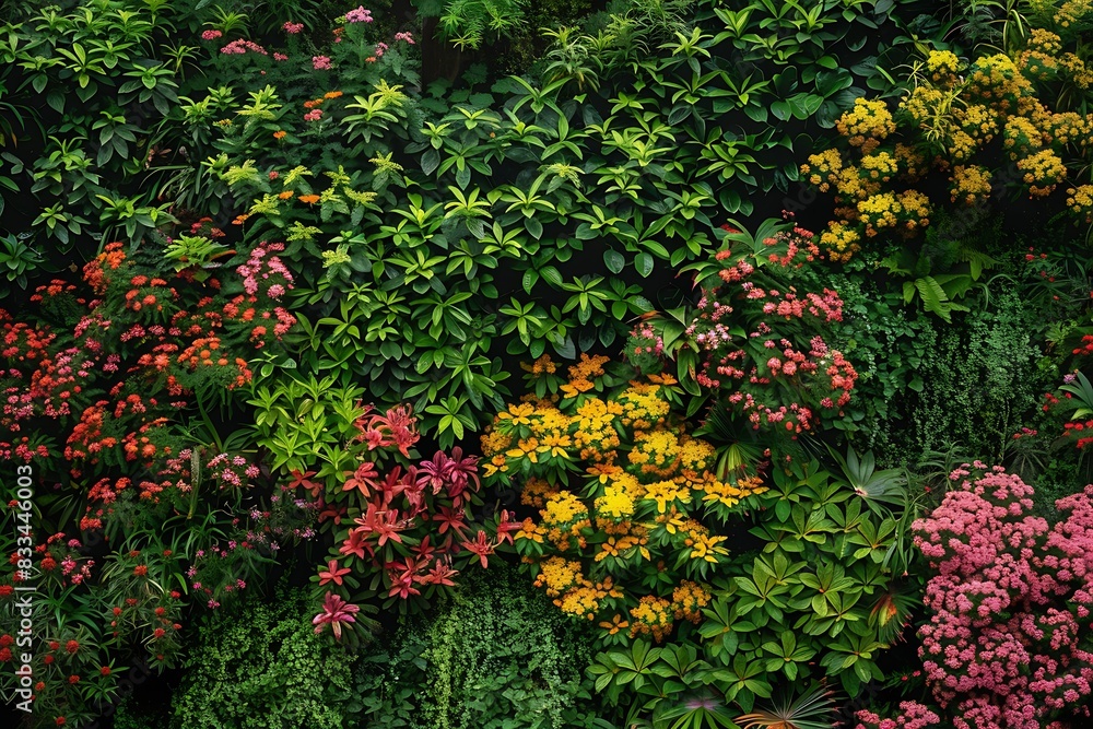 A hillside of flowering shrubs with a spectrum of green leaves and multicolored flowers