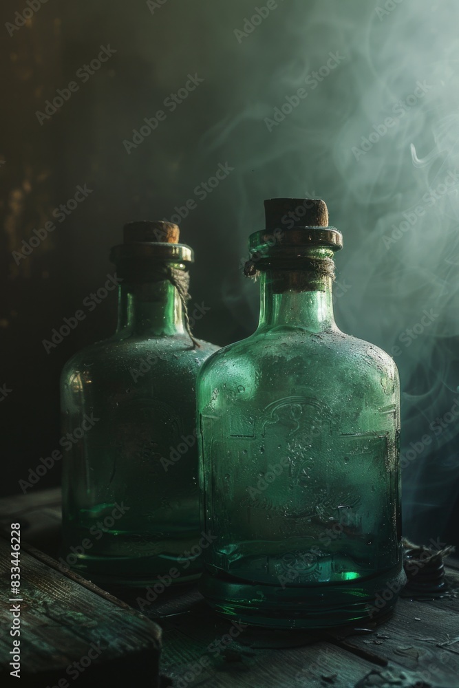 Two green glass bottles placed on a wooden table, perfect for decorative or photography purposes Two green glass bottles placed on a wooden table, perfect for decorative or photography purposes
