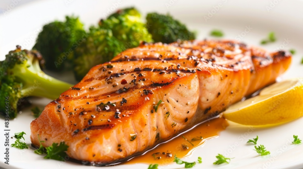 Grilled salmon with a side of steamed broccoli Grilled salmon with a side of steamed broccoli