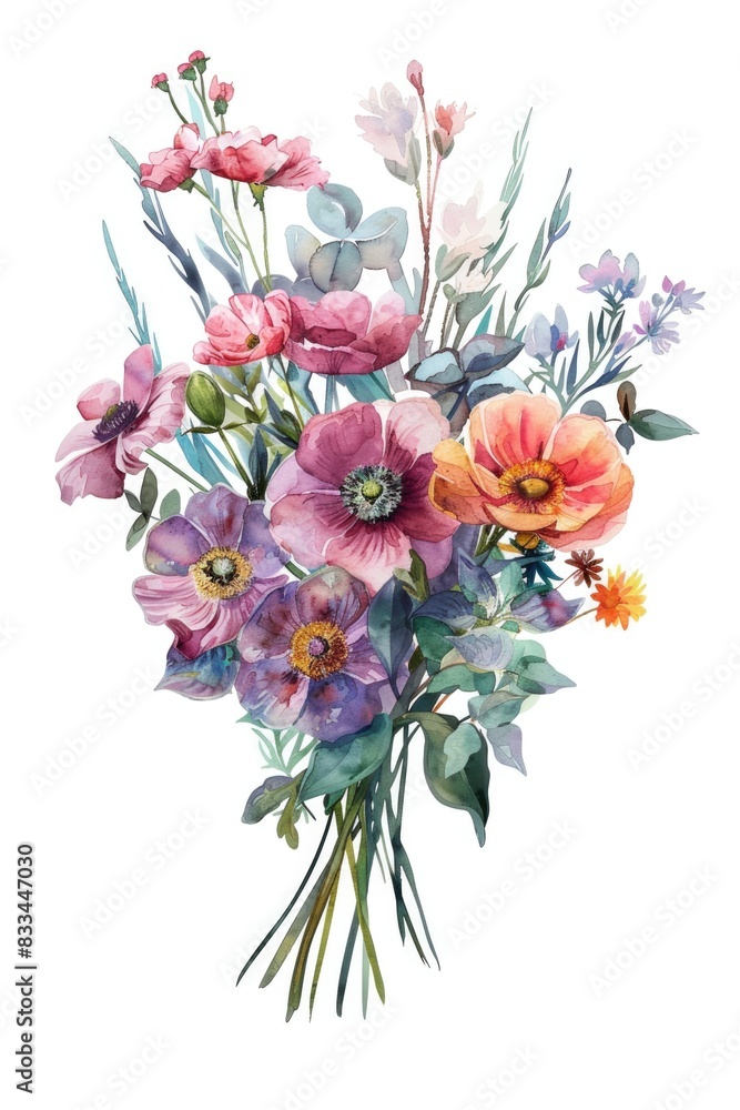 A delicate watercolor painting depicts a bouquet of assorted flowers