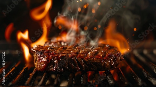 Savor the sizzle with this image of a juicy grilled meat steak cooking on a flaming stainless grill, set against a dark background