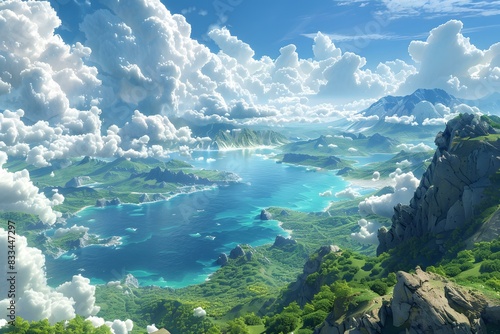 fantasy landscape with floating islands and a large body of water