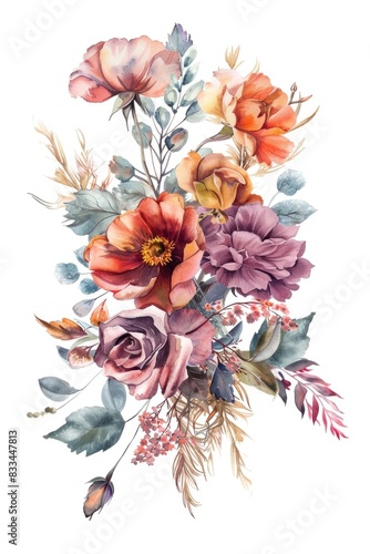 A delicate watercolor painting depicts a bouquet of assorted flowers