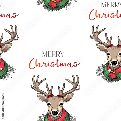 Pattern of a deer with a head and a wreath with the inscription "Merry Christmas". Christmas seamless pattern