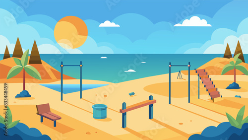 A virtual calisthenics park set on a picturesque beach inviting you to train in the sand while watching the ocean waves.. Vector illustration