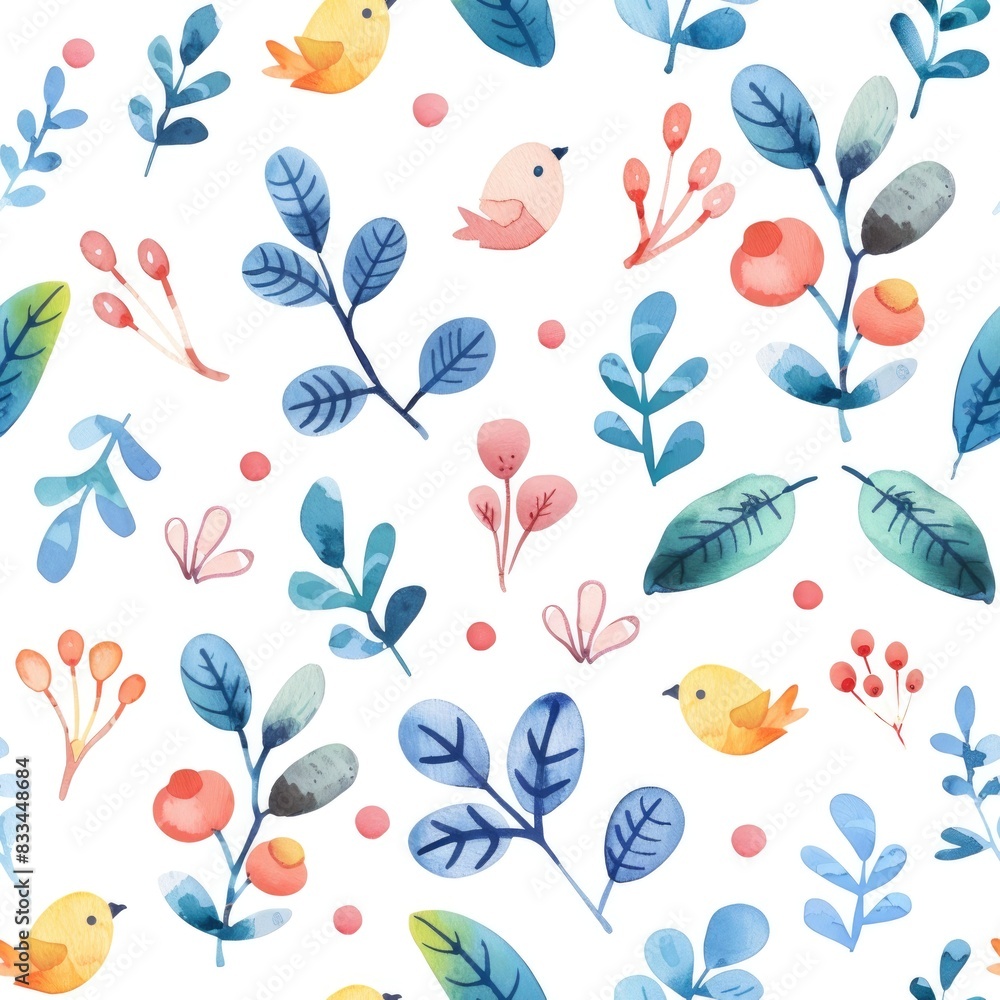 Whimsical Watercolor Birds and Blooms Seamless Pattern Whimsical Watercolor Birds and Blooms Seamless Pattern