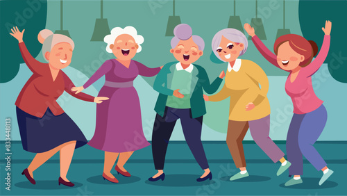 A group of ladies in their golden years giggling and swaying to a classic swing tune in a lively ballroom.. Vector illustration