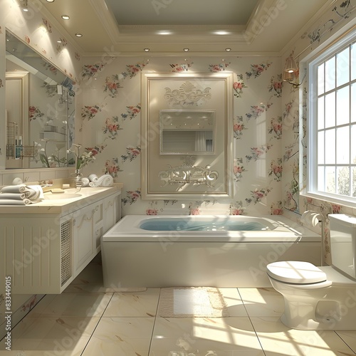 Wallpaper and tiles perfectly combined to give the bathroom a new look photo