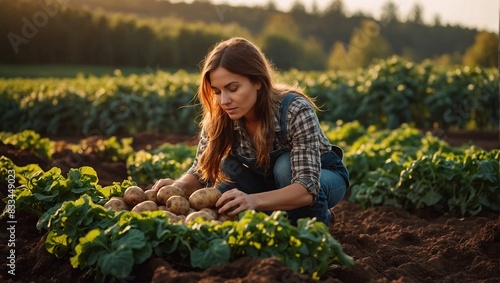 Happy young woman farmer holding fresh beautiful potato growing in fertile soil on farm bed