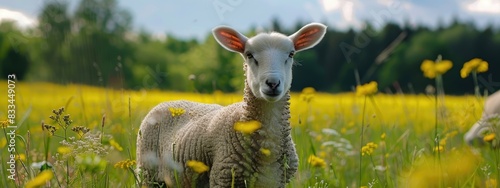 a sheep is grazing on a farm. Selective focus