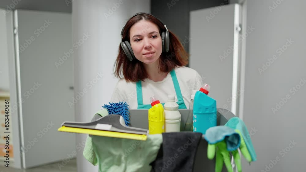 A confident brunette cleaning lady in black wireless headphones a white T-shirt and a blue apron walks along the apartment corridor and carries a gray plastic basin with detergents and cleaning tools A confident brunette cleaning lady in black wireless headphones a white T-shirt and a blue apron walks along the apartment corridor and carries a gray plastic basin with detergents and cleaning tools