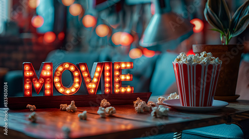 A creatively decorated table displays a bowl of popcorn next to a sign that says movie, setting the scene for a fun movie night at home