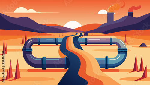 Thick pipelines transporting heated molten salt the key component to storing and releasing thermal energy snaking through the desert landscape.. Vector illustration