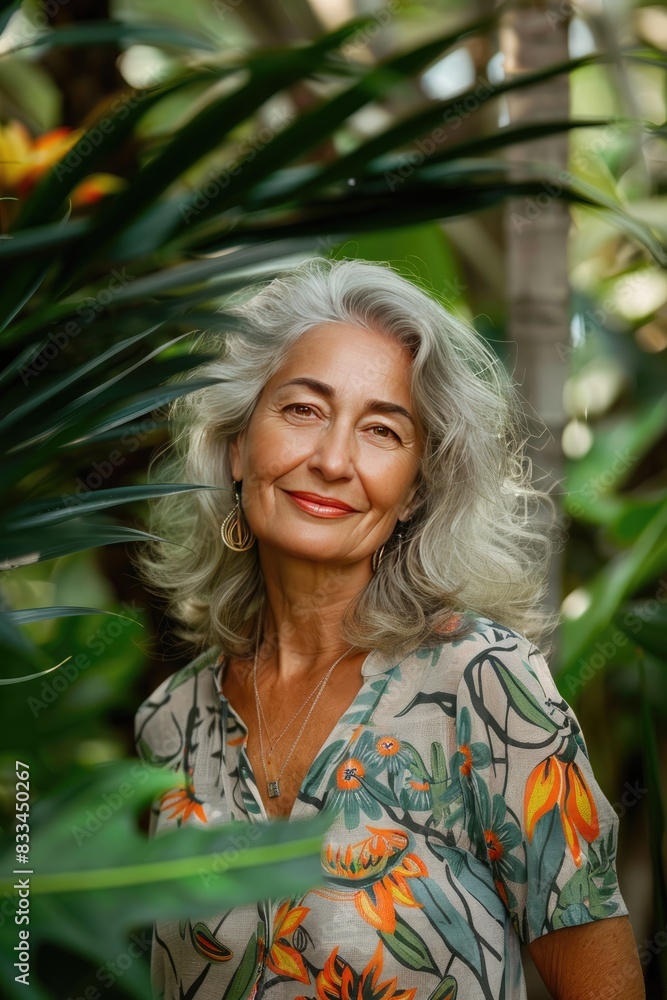 an elderly woman on the background of a botanical garden. Selective focus an elderly woman on the background of a botanical garden. Selective focus
