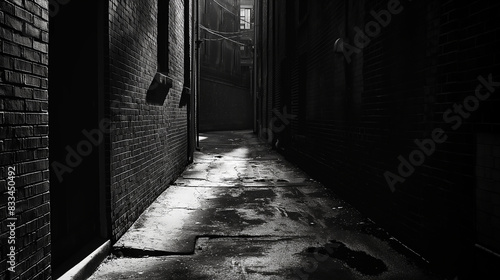 A dark and narrow alleyway with brick walls on both sides. photo