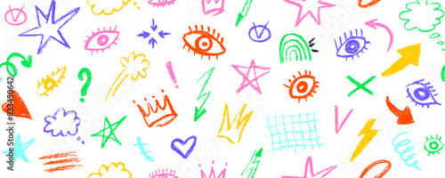 Charcoal graffiti doodle punk and girly shapes seamless pattern. Brush drawn eyes and geometric shapes, charcoal and crayon doodle illustrations. Abstract scribbles and squiggles.