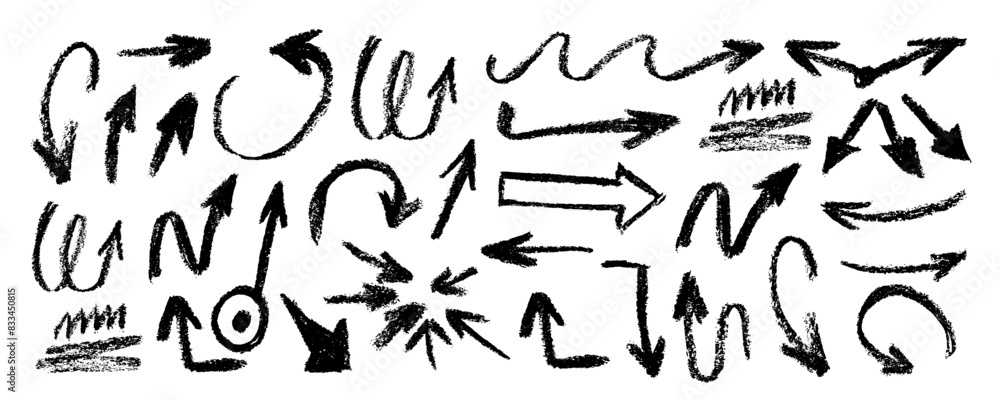 Fototapeta premium Collection curved arrows painted bold brush. Hand drawn vector thick marker arrows. Curved and wavy brush strokes. Seamless banner with vector direction pointers. Bold brush strokes with scratches