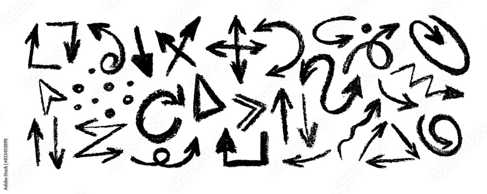 Charcoal arrows vector icons set. Hand drawn freehand different curved lines, swirls arrows. Doodle marker drawing, black chalk smears. Direction pointers. Scribbles and scrawls. Charcoal arrows vector icons set. Hand drawn freehand different curved lines, swirls arrows. Doodle marker drawing, black chalk smears. Direction pointers. Scribbles and scrawls.