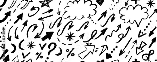 Seamless pattern various doodle grunge shapes . Brush drawn  bold curly lines, arrows,  forms, arches, squiggles and waves, brush strokes and doodle objects.