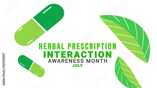 Herbal prescription interaction awareness month. Leaves and capsules animation.