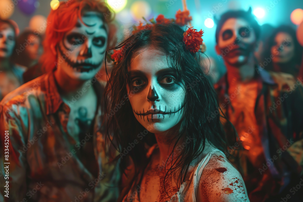 Obraz premium Group of people with scary faces and costumes at a Halloween party