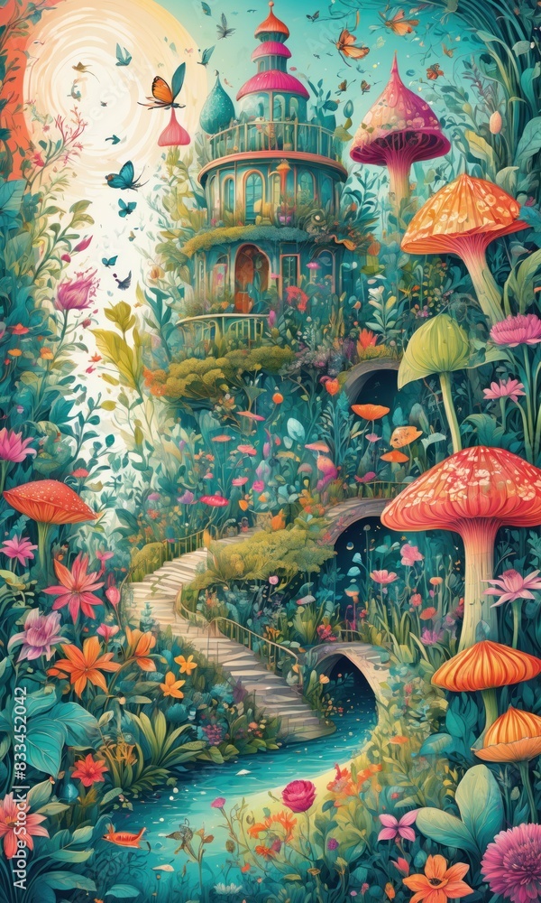 Fototapeta premium This vibrant and whimsical illustration depicts a lush, fantastical garden teeming with colorful flowers, butterflies, mushrooms, and a tranquil stream meandering through the landscape. 