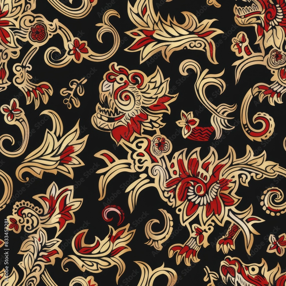 a image of a black and red floral pattern with gold accents a image of a black and red floral pattern with gold accents