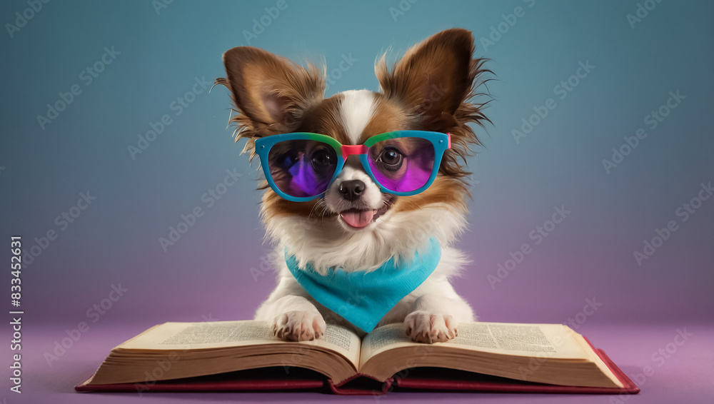 Cute dog with glasses reading a book Cute dog with glasses reading a book