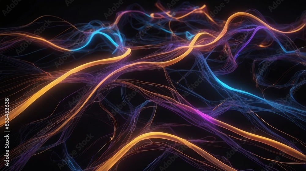 Data flow with orange ,blue and purple neon lights on dark background Data flow with orange ,blue and purple neon lights on dark background
