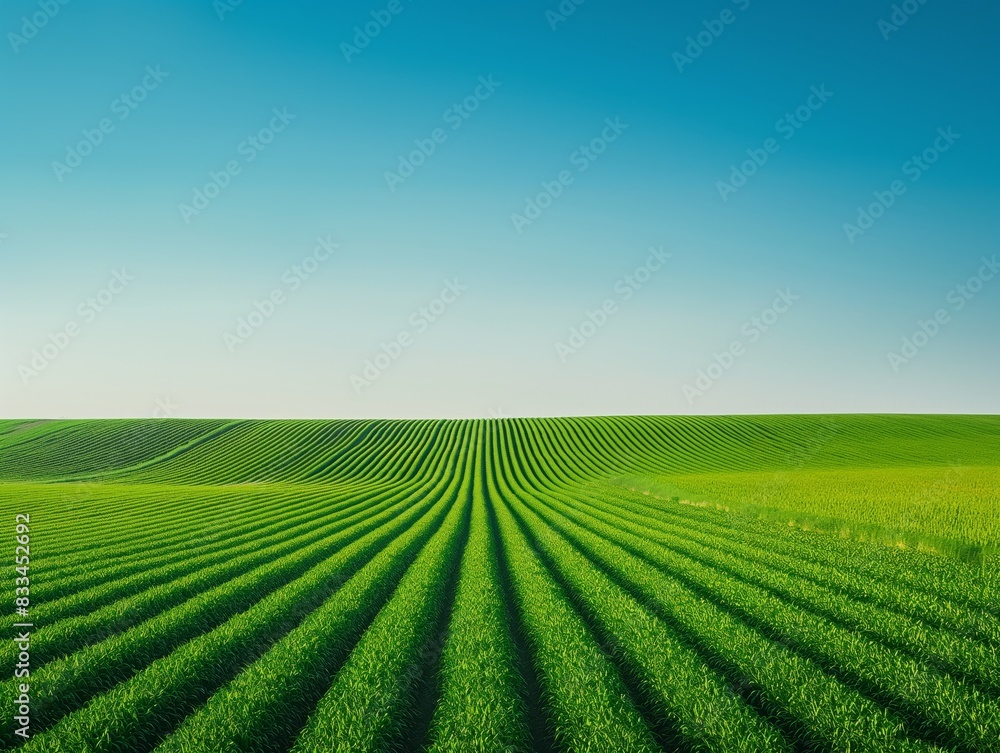 A vast, vibrant green field with perfectly aligned rows of crops stretches to the horizon under a clear blue sky