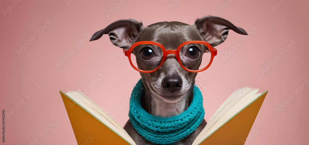 Cute dog with glasses reading a book Cute dog with glasses reading a book