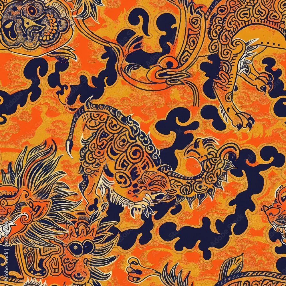Obraz premium a image of a pattern of dragon and fish on an orange background