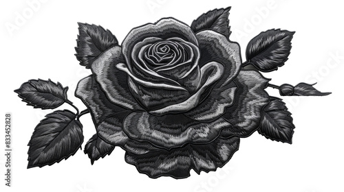 Black embroidery rose patch isolated cut out on .PNG transparent background