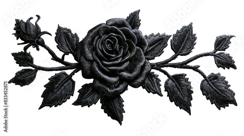 Black embroidery rose patch isolated cut out on .PNG transparent background