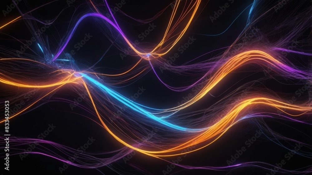 Data flow with orange ,blue and purple neon lights on dark background Data flow with orange ,blue and purple neon lights on dark background