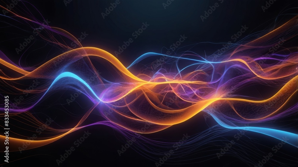 Data flow with orange ,blue and purple neon lights on dark background Data flow with orange ,blue and purple neon lights on dark background