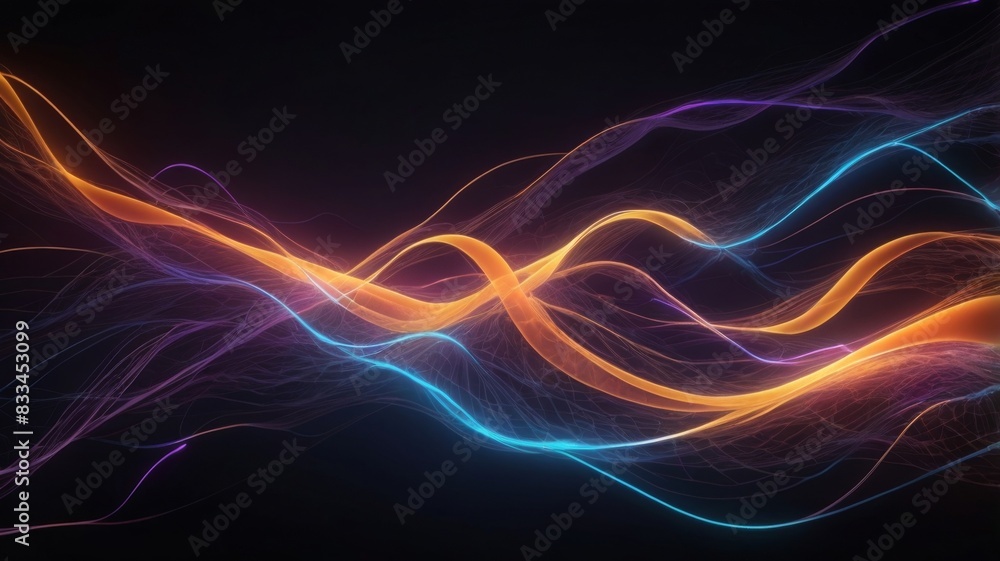 Data flow with orange ,blue and purple neon lights on dark background Data flow with orange ,blue and purple neon lights on dark background