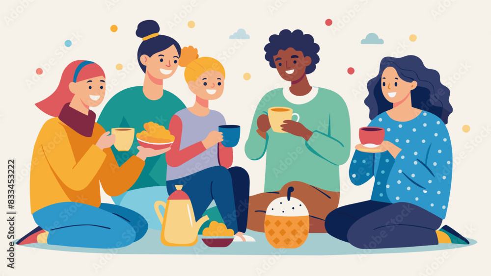 The group takes a break to enjoy some warm tea and cookies savoring each others company and the camaraderie of their shared passion for knitting.. Vector illustration The group takes a break to enjoy some warm tea and cookies savoring each others company and the camaraderie of their shared passion for knitting.. Vector illustration