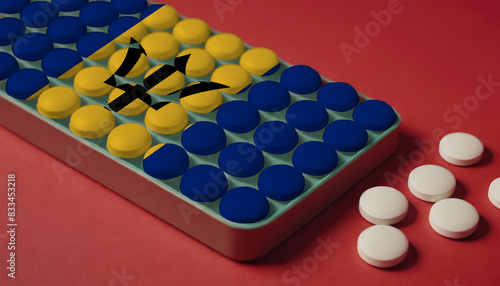 A tray of pills decorated with the Barbados flag design sits on a red background, symbolizing healthcare and medicine in the Barbados