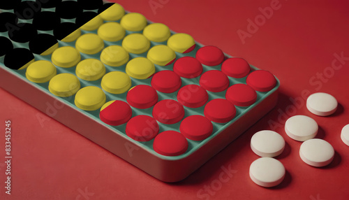 A tray of pills decorated with the Belgium flag design sits on a red background, symbolizing healthcare and medicine in the Belgium