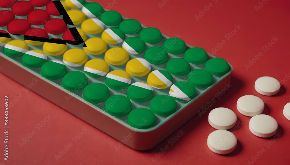 A tray of pills decorated with the Guyana flag design sits on a red background, symbolizing healthcare and medicine in the Guyana A tray of pills decorated with the Guyana flag design sits on a red background, symbolizing healthcare and medicine in the Guyana