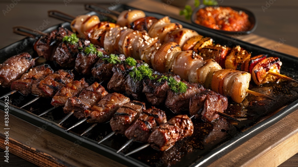 Grilled meat on skewers on a wooden table, close-up