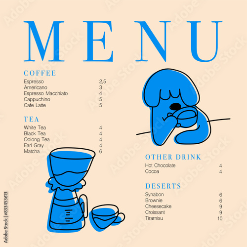 Cafe brochure vector, coffee shop menu design. Restaurant menu design.Hand-drawn coffee beans, coffee machine, cup, coffee to go, bakery and desserts vector illustration. 