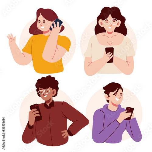 Cute cartoon modern characters holding smartphone