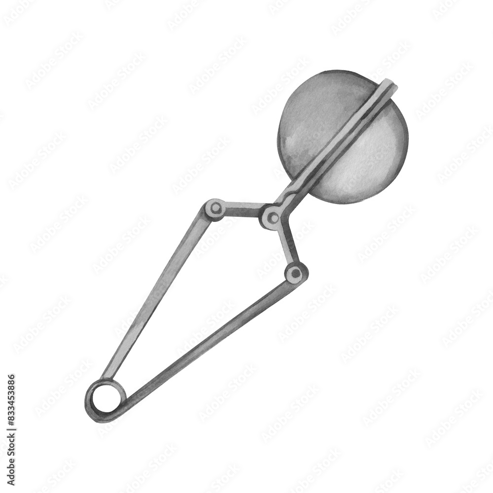 A tea strainer with a handle for brewing tea, a round tea infuser with a handle on a spring. All objects are hand-painted with watercolors. For printing on packaging, paper, kitchen design, textiles. A tea strainer with a handle for brewing tea, a round tea infuser with a handle on a spring. All objects are hand-painted with watercolors. For printing on packaging, paper, kitchen design, textiles.