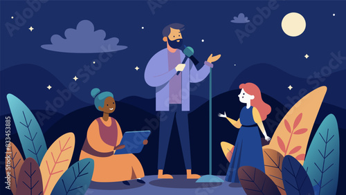 As the night goes on storyteller after storyteller takes the microphone each sharing a unique and inspiring tale of overcoming obstacles and finding. Vector illustration
